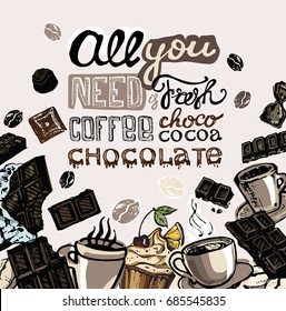 Hand drawn doodle coffee and chocolate.