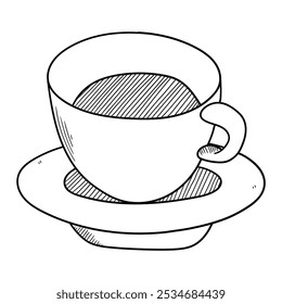 Mão desenhada doodle xícara de café e pires isolados no fundo branco. Ilustração vetorial.