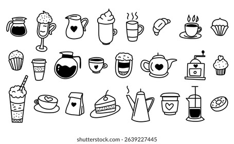 Hand drawn doodle coffee cup, mug, pot, coffee machine stickers set. Doodle sketch style. Vector illustration for coffee shop, cafe, restaurant sticker Isolated on white background.