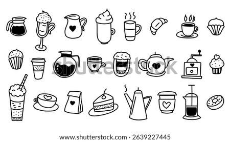 Hand drawn doodle coffee cup, mug, pot, coffee machine stickers set. Doodle sketch style. Vector illustration for coffee shop, cafe, restaurant sticker Isolated on white background.