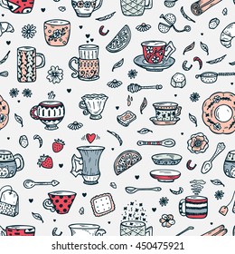 Hand Drawn doodle Coffee Cups or Tea Cups and Different additives for tea drinking - Vector Seamless Pattern