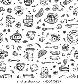 Hand Drawn doodle Coffee Cups or Tea Cups and Different additives for tea drinking - Vector Seamless Pattern