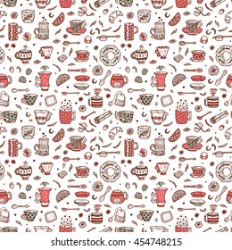 Hand Drawn doodle Coffee Cups or Tea Cups and Different additives for tea drinking - Vector Seamless Pattern