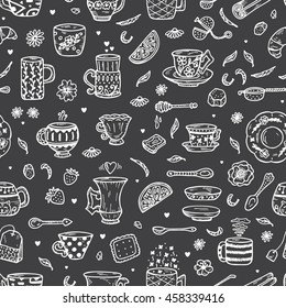 Hand Drawn doodle Coffee Cups or Tea Cups and Different additives for tea drinking - Vector Seamless Pattern. Black and white
