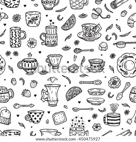 Hand Drawn doodle Coffee Cups or Tea Cups and Different additives for tea drinking - Vector Seamless Pattern