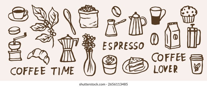 Elementos de café doodle dibujados a mano