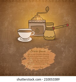 Hand drawn doodle coffee grinder, cappuccino cup