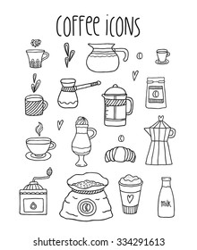 Hand drawn doodle coffee icon set - cup, pot, french press, cappuccino, espresso, milk, coffee grinder etc..