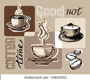 Hand drawn doodle coffee illustration with cup and mug. Vector illustration.