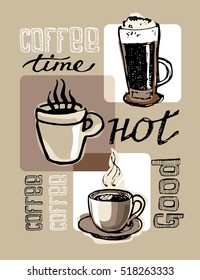 Hand drawn doodle coffee illustration with cup and mug. Vector illustration.