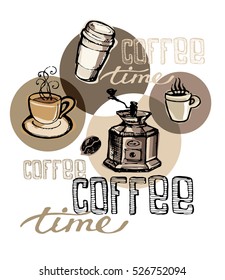 Hand drawn doodle coffee illustration with cup and mug. Vector illustration.