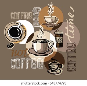 Hand drawn doodle coffee illustration with cup and mug. Vector illustration.