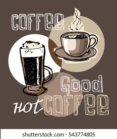 Hand drawn doodle coffee illustration with cup and mug. Vector illustration.