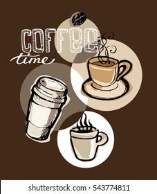 Hand drawn doodle coffee illustration with cup and mug. Vector illustration.