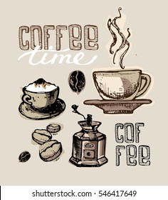 Hand drawn doodle coffee illustration with cup and mug. Vector illustration.