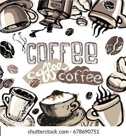 Hand drawn doodle coffee illustration, Hot good fresh coffee. Vector coffee illustration.