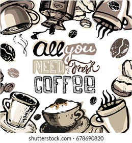 Hand drawn doodle coffee illustration, Hot good fresh coffee. Vector coffee illustration.