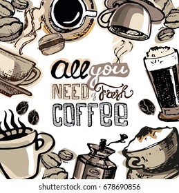 Hand drawn doodle coffee illustration, Hot good fresh coffee. Vector coffee illustration.