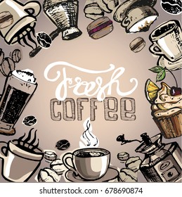 Hand drawn doodle coffee illustration, Hot good fresh coffee. Vector coffee illustration.