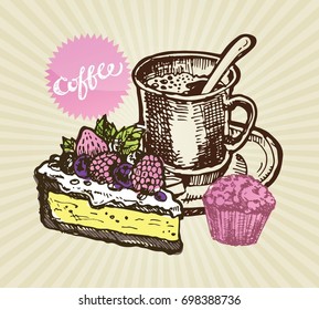 Hand drawn doodle coffee illustration. Cupcake and cheese cake