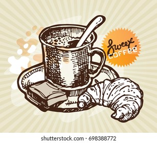 Hand drawn doodle coffee illustration. Croissant