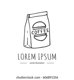 Hand drawn doodle Coffee package icon Cartoon style Colorful Beverage beans bag Vector illustration doodle isolated on white background for cafe, coffee restaurant, menu, house appliance shops