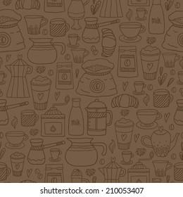 Hand drawn doodle coffee seamless pattern. Vector illustration for fabric, textile, wrapping paper or wallpaper background.