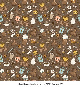 Hand drawn doodle coffee seamless pattern. Vector illustration for fabric, textile, wrapping paper or wallpaper background.
