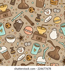 Hand drawn doodle coffee seamless pattern. Vector illustration for fabric, textile, wrapping paper or wallpaper background.