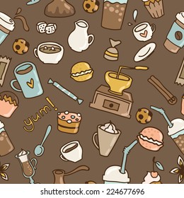 Hand drawn doodle coffee seamless pattern. Vector illustration for fabric, textile, wrapping paper or wallpaper background.