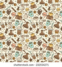Hand drawn doodle coffee seamless pattern. Vector illustration for fabric, textile, wrapping paper or wallpaper background.
