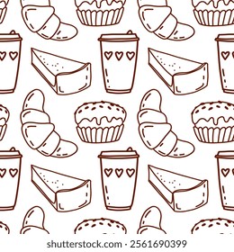 Hand Drawn Doodle Coffee Seamless Pattern. Cafe Contour Elements: Croissant, Coffee, Cheesecake, cupcake.