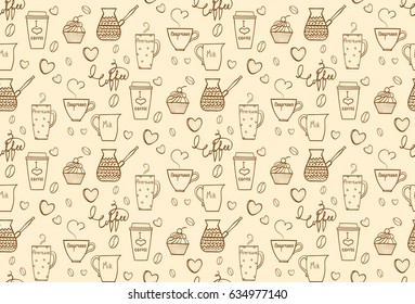Hand drawn doodle coffee seamless pattern. Vector illustration.