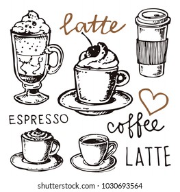 Hand drawn doodle coffee set. Coffee time!