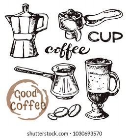 Hand drawn doodle coffee set. Coffee time!