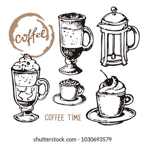 Hand drawn doodle coffee set. Coffee time!