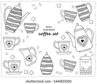 Hand drawn Doodle coffee set. Coffee cups, coffee beans, coffee pot, sugar bowl. Vector illustration