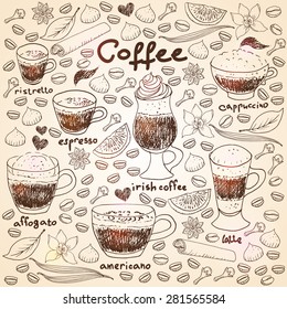 Hand drawn doodle coffee set. Coffee cups, coffee beans, spices, vanilla, cinnamon, clove, star anise, cookies for menu design and coffee background in creamy beige colors.