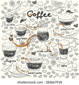 Hand drawn doodle coffee set. Coffee cups, coffee beans, spices, vanilla, cinnamon, clove, star anise, cookies for menu design and coffee background with coffee stains. 