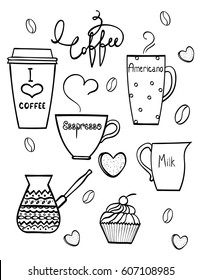 Hand drawn doodle coffee set. Vector illustration.