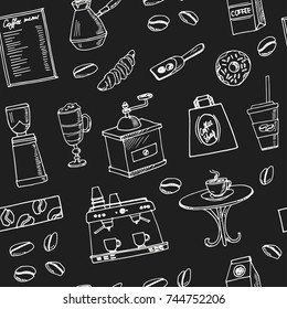 Hand drawn doodle coffee shop seamless pattern Vector illustration. Symbol collection.