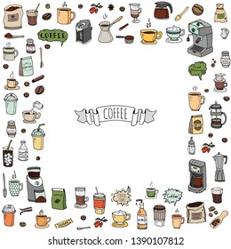 Hand drawn doodle Coffee time icon set Vector illustration isolated drink symbols collection Cartoon various beverage element: mug, cup, espresso, americano, irish, decaf, mocha, coffee making machine