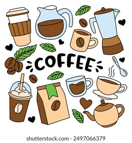Hand drawn doodle Coffee time icon set Vector illustration isolated drink symbols collection