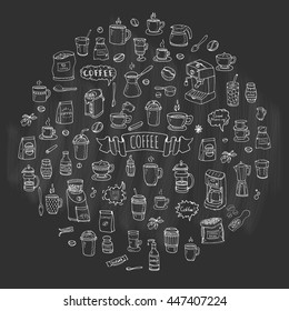 Hand drawn doodle Coffee time icon set Vector illustration isolated drink symbols collection Cartoon various beverage element: mug, cup, espresso, americano, irish, decaf, mocha, coffee making machine