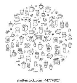 Hand drawn doodle Coffee time icon set Vector illustration isolated drink symbols collection Cartoon various beverage element: mug, cup, espresso, americano, irish, decaf, mocha, coffee making machine