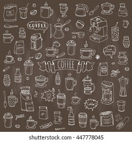 Hand drawn doodle Coffee time icon set Vector illustration isolated drink symbols collection Cartoon various beverage element: mug, cup, espresso, americano, irish, decaf, mocha, coffee making machine