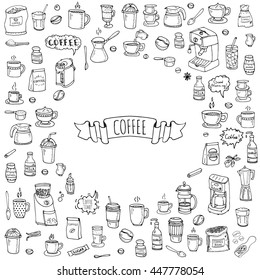 Hand drawn doodle Coffee time icon set Vector illustration isolated drink symbols collection Cartoon various beverage element: mug, cup, espresso, americano, irish, decaf, mocha, coffee making machine