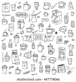 Hand drawn doodle Coffee time icon set Vector illustration isolated drink symbols collection Cartoon various beverage element: mug, cup, espresso, americano, irish, decaf, mocha, coffee making machine