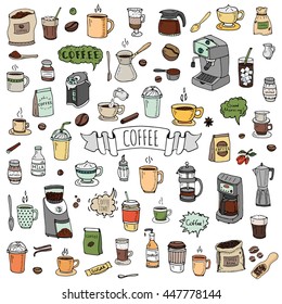 Hand drawn doodle Coffee time icon set Vector illustration isolated drink symbols collection Cartoon various beverage element: mug, cup, espresso, americano, irish, decaf, mocha, coffee making machine