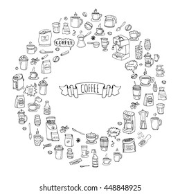 Hand drawn doodle Coffee time icon set Vector illustration isolated drink symbols collection Cartoon various beverage element: mug, cup, espresso, americano, irish, decaf, mocha, coffee making machine